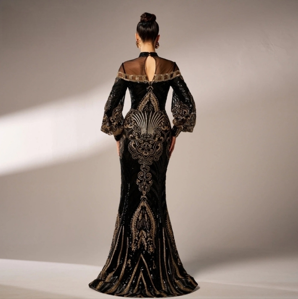 Black Embellished Backless Gown with Bishop Sleeves- CUSTOM MADE - Picture 3 of 15
